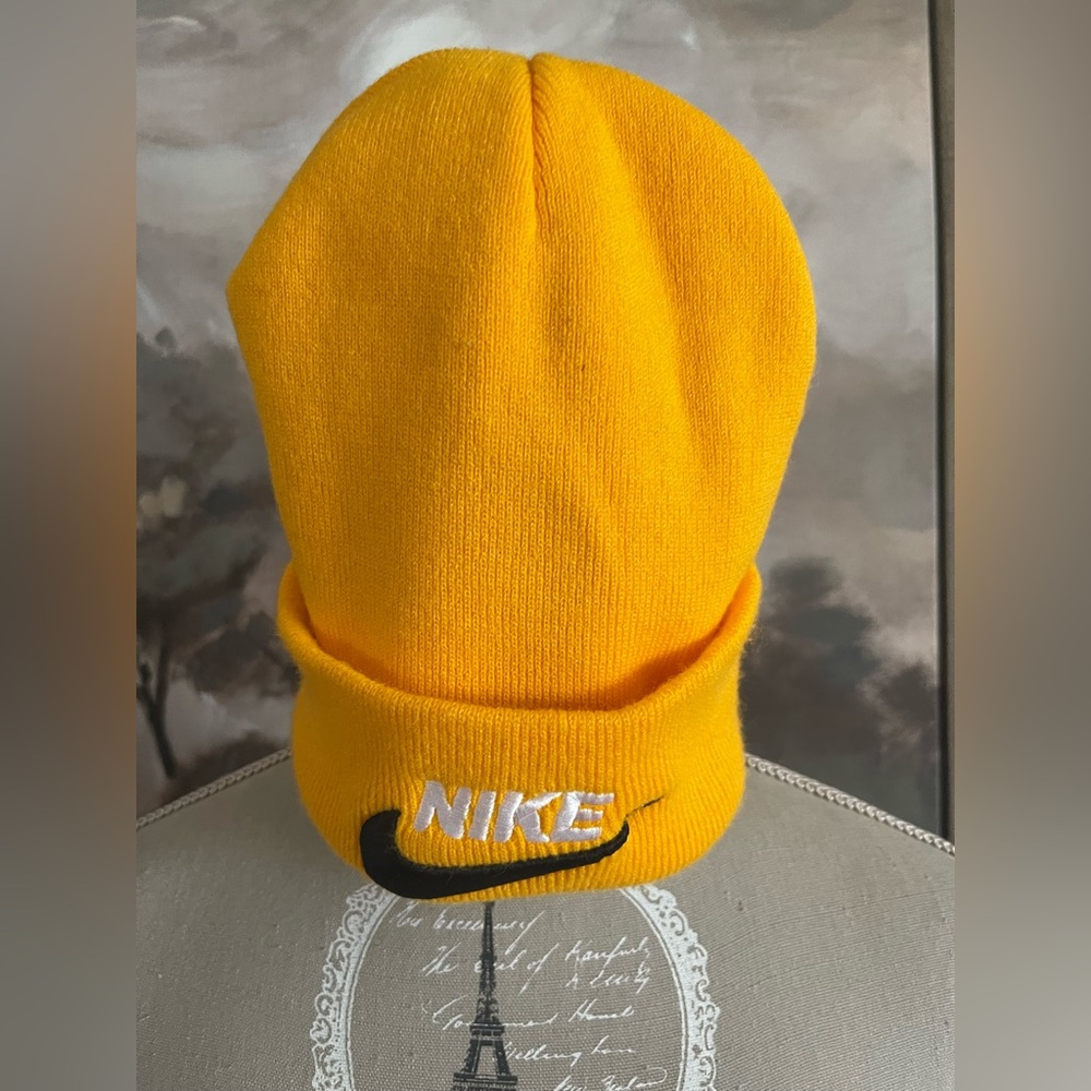 Nike Yellow Knit Cuffed Beanie with Black Nike Swoosh and Nike Name in White